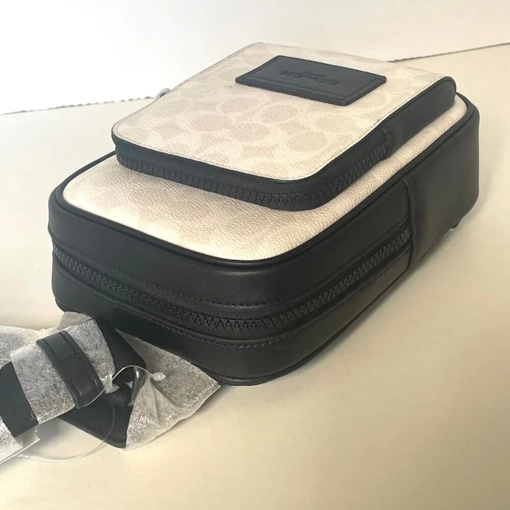 Coach Racer Sling Pack CV763 Black Chalk Signature Canvas Leather Crossbody